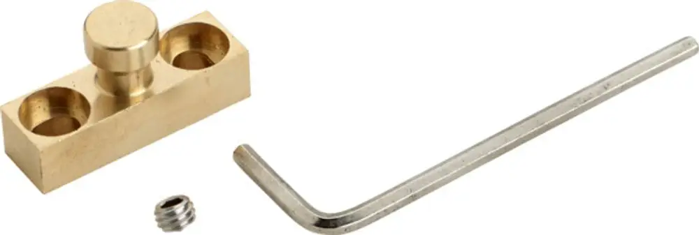 Befestigungsset bestehend aus einer Metallplatte mit Einkerbungen, einer Schraube und einem Innensechskantschlüssel, ideal für Anwendungen von Ideal Standard.